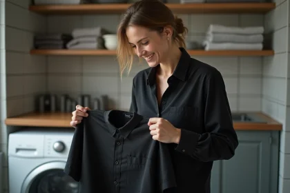 Femme souriante dans une laverie moderne avec chemise noire
