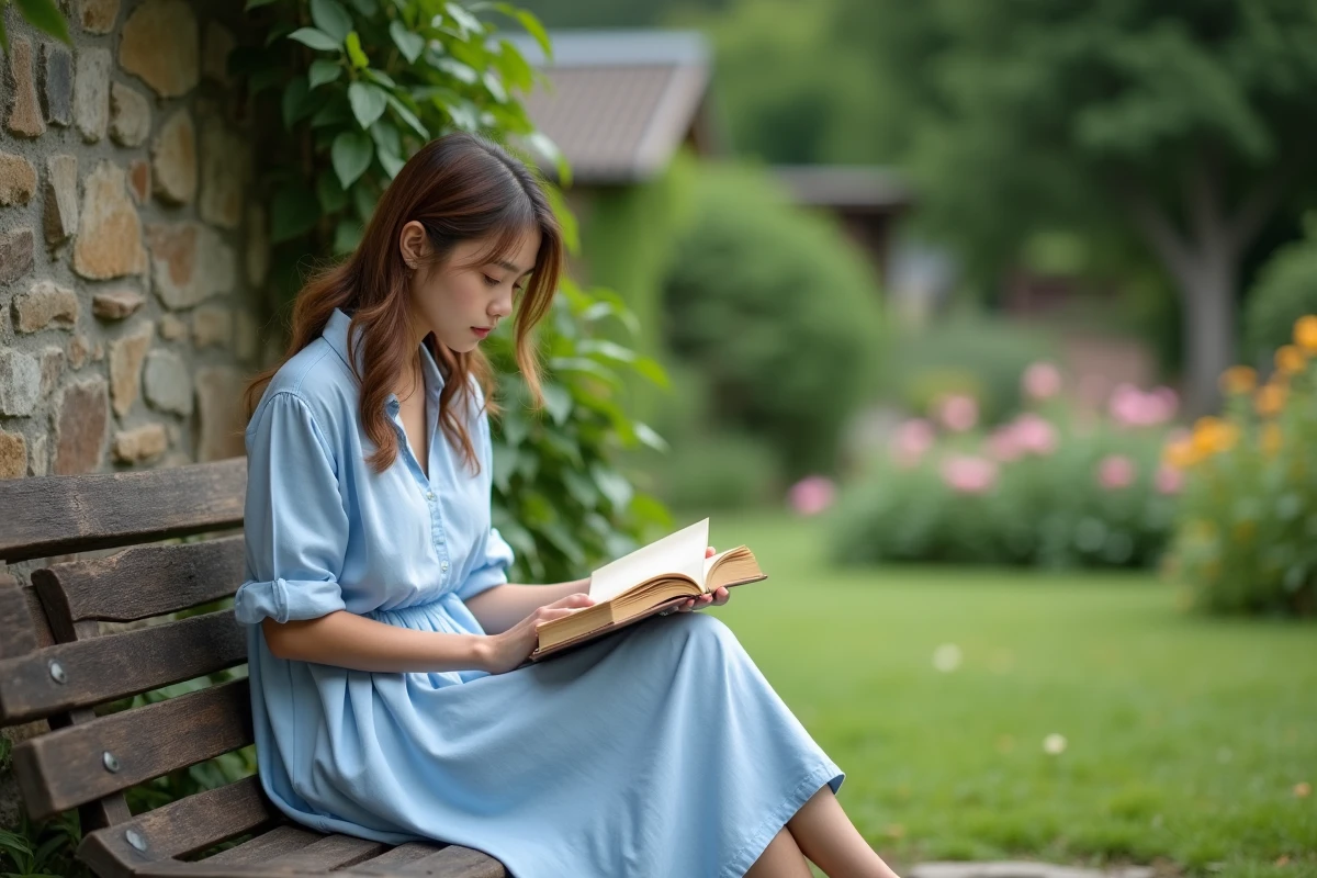 Jeune femme lisant dans un jardin avec robe en coton bleu