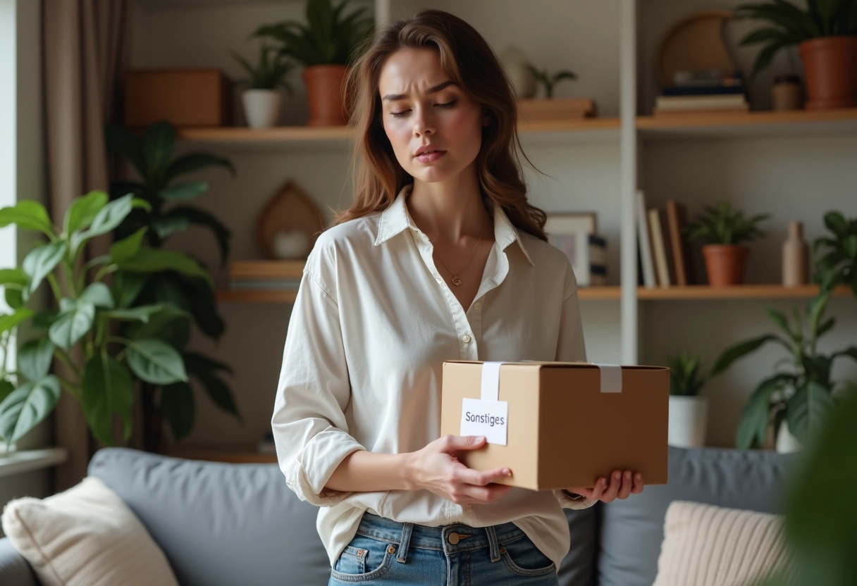 Femme tenant un colis dans un salon chaleureux