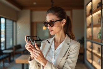 Femme en boutique examinant des lunettes de soleil haut de gamme