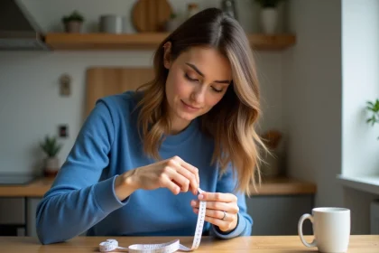 Femme mesurant sa bague avec un ruban dans la cuisine