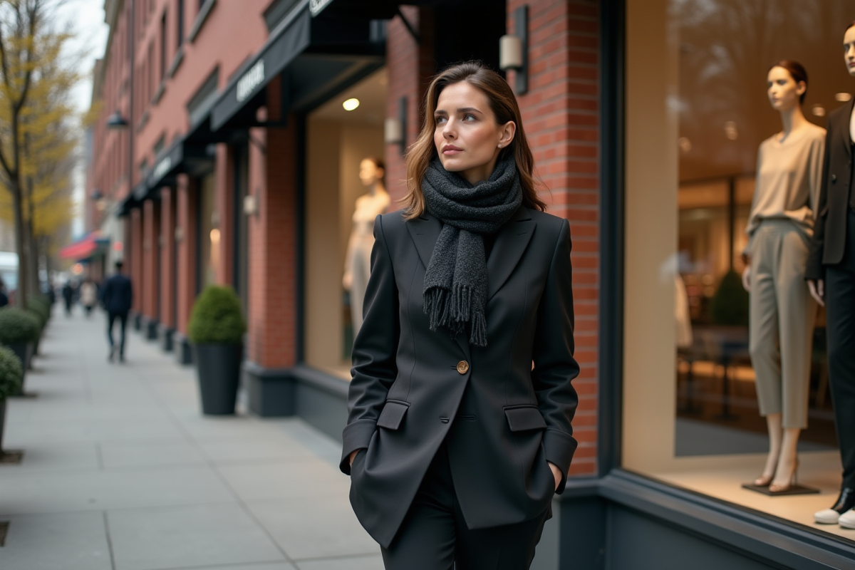 Femme élégante marchant devant une vitrine de boutique