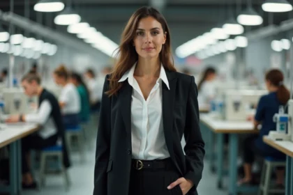 Femme en tailleur dans une usine de mode moderne