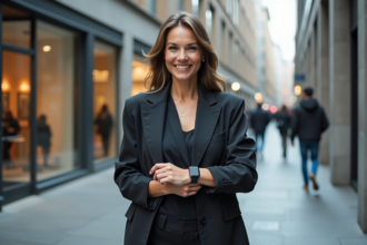 Femme confiante en veste asymetrique moderne en ville