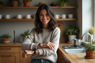 Femme en cuisine douce ajustant une montre élégante