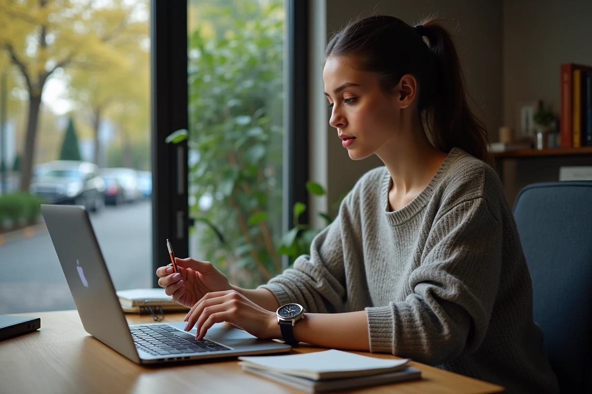 Jeune femme regarde sa montre en travaillant sur un ordinateur portable