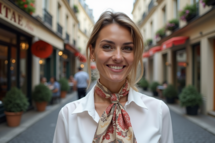 Femme élégante portant un foulard à Paris