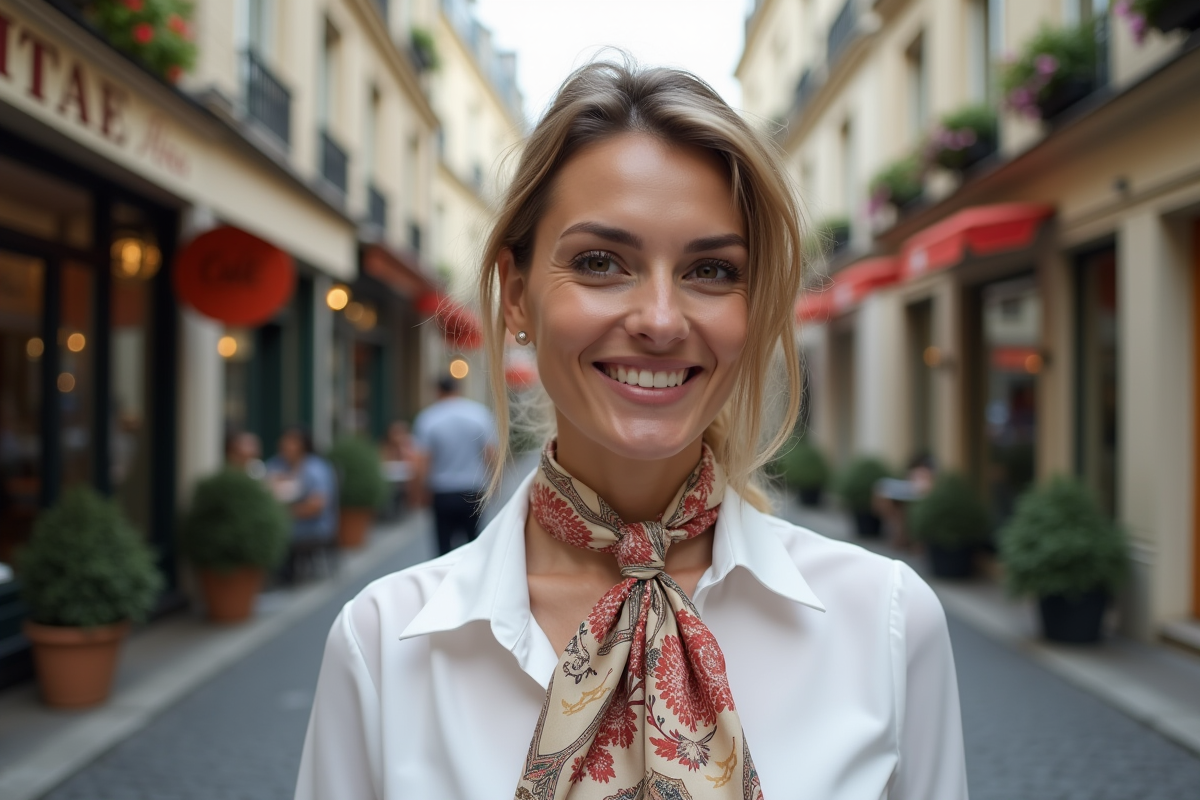 Femme élégante portant un foulard à Paris