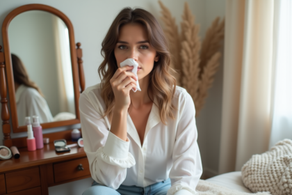 Femme en portrait montrant sa technique de rouge à lèvres