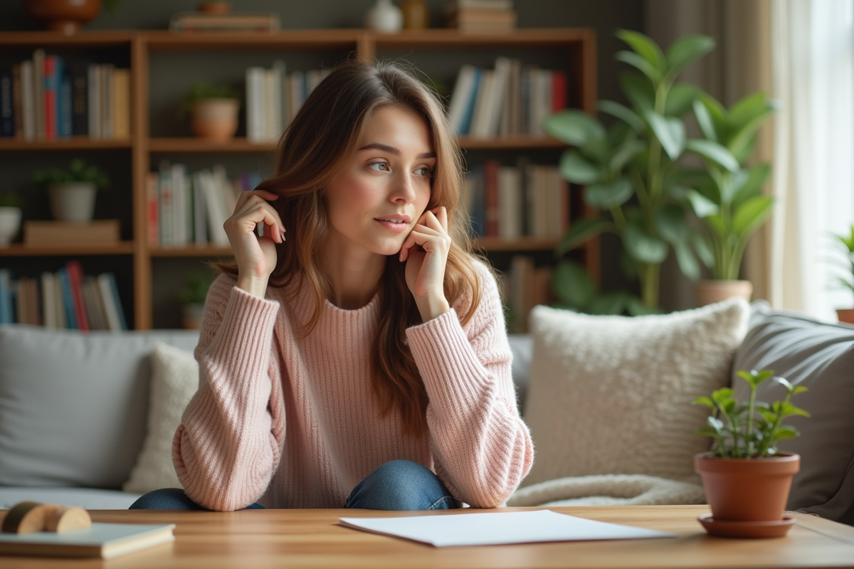 Jeune femme pensant devant un miroir dans un salon lumineux