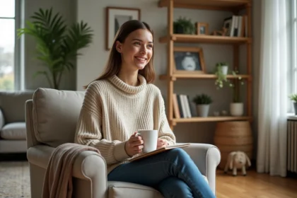 Jeune femme souriante dans un salon lumineux et moderne