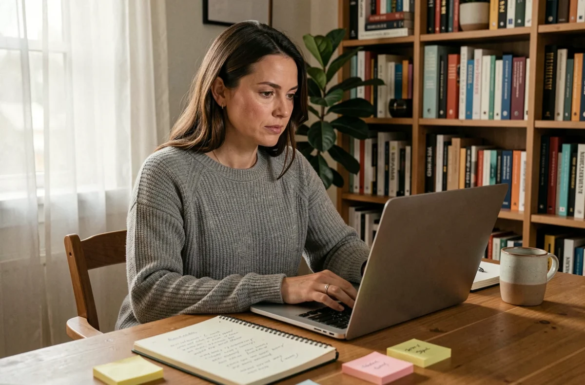 Femme travaillant sur la refonte de son blog depuis un bureau à domicile entouré de notes et d'idées créatives