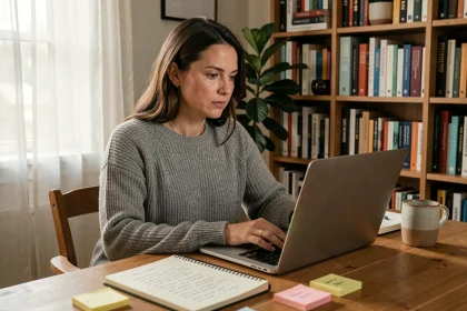 Femme travaillant sur la refonte de son blog depuis un bureau à domicile entouré de notes et d'idées créatives