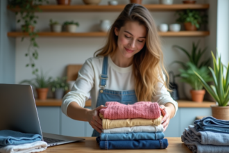 Femme souriante repassant des vêtements d'occasion dans la cuisine
