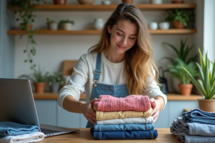 Femme souriante repassant des vêtements d'occasion dans la cuisine