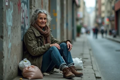 Femme sans-abri assise sur un trottoir urbain entourée de ses affaires, illustrant la précarité et l'addiction à la rue