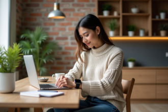 Femme regardant sa smartwatch dans une cuisine moderne