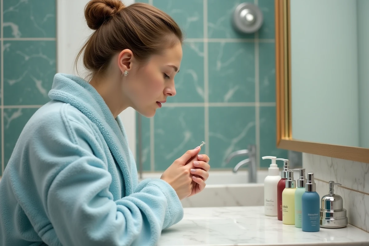 Femme caucasienne examinant des bouteilles de soins dans une salle de bain