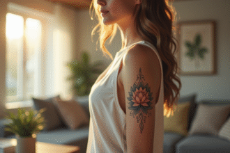 Jeune femme avec tatouage lotus dans salon lumineux