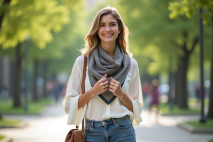 Femme élégante ajustant un foulard dans un parc urbain