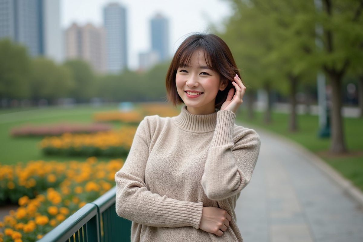 Femme pensant dans un parc urbain avec cheveux courts