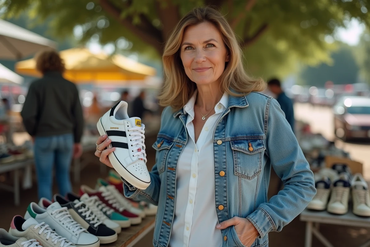 Femme tenant sneakers vintage lors d