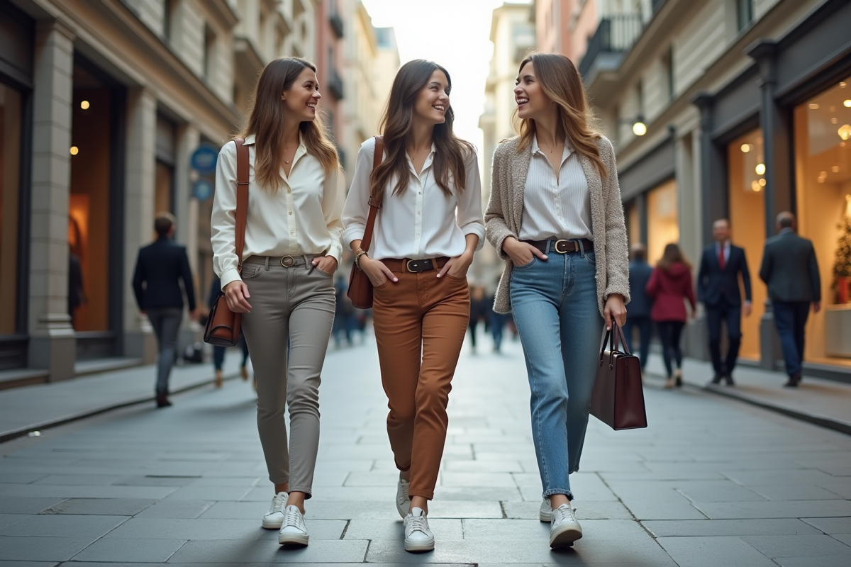 Trois femmes marchant dans une rue urbaine animée