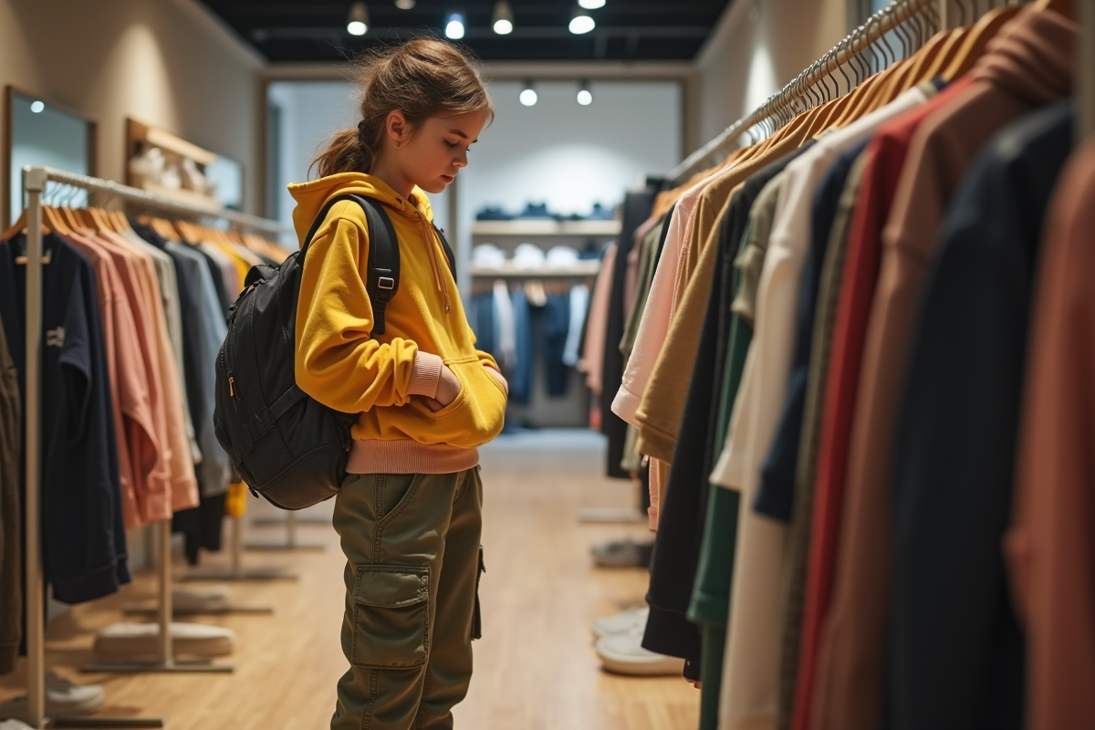 Jeune fille examine sa tenue dans une boutique