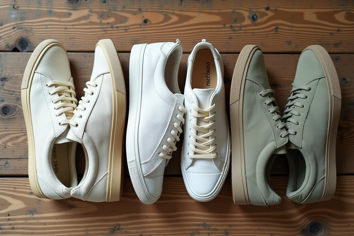 Flat-lay de trois paires de baskets françaises pour homme et femme sur une surface en bois, présentation éditoriale de marques françaises