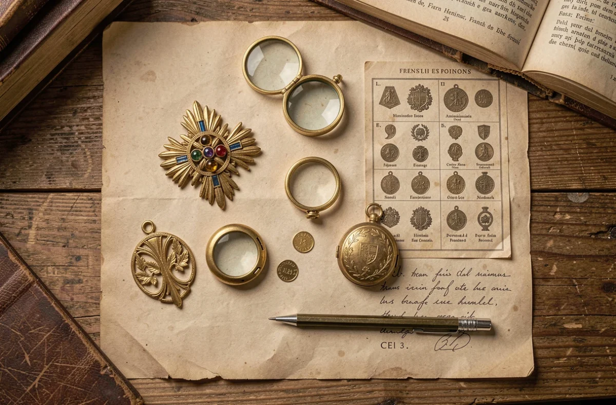 Flat lay de bijoux anciens en or avec poinçons visibles, loupe et tableau de référence des poinçons français sur parchemin