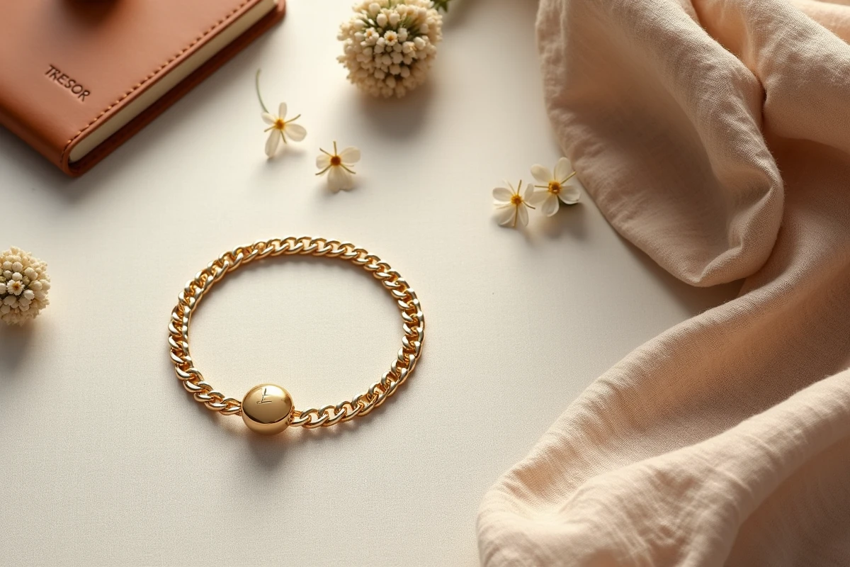 Flat lay élégant avec un bracelet femme en or TRESOR entouré d'accessoires mode sur fond lin crème