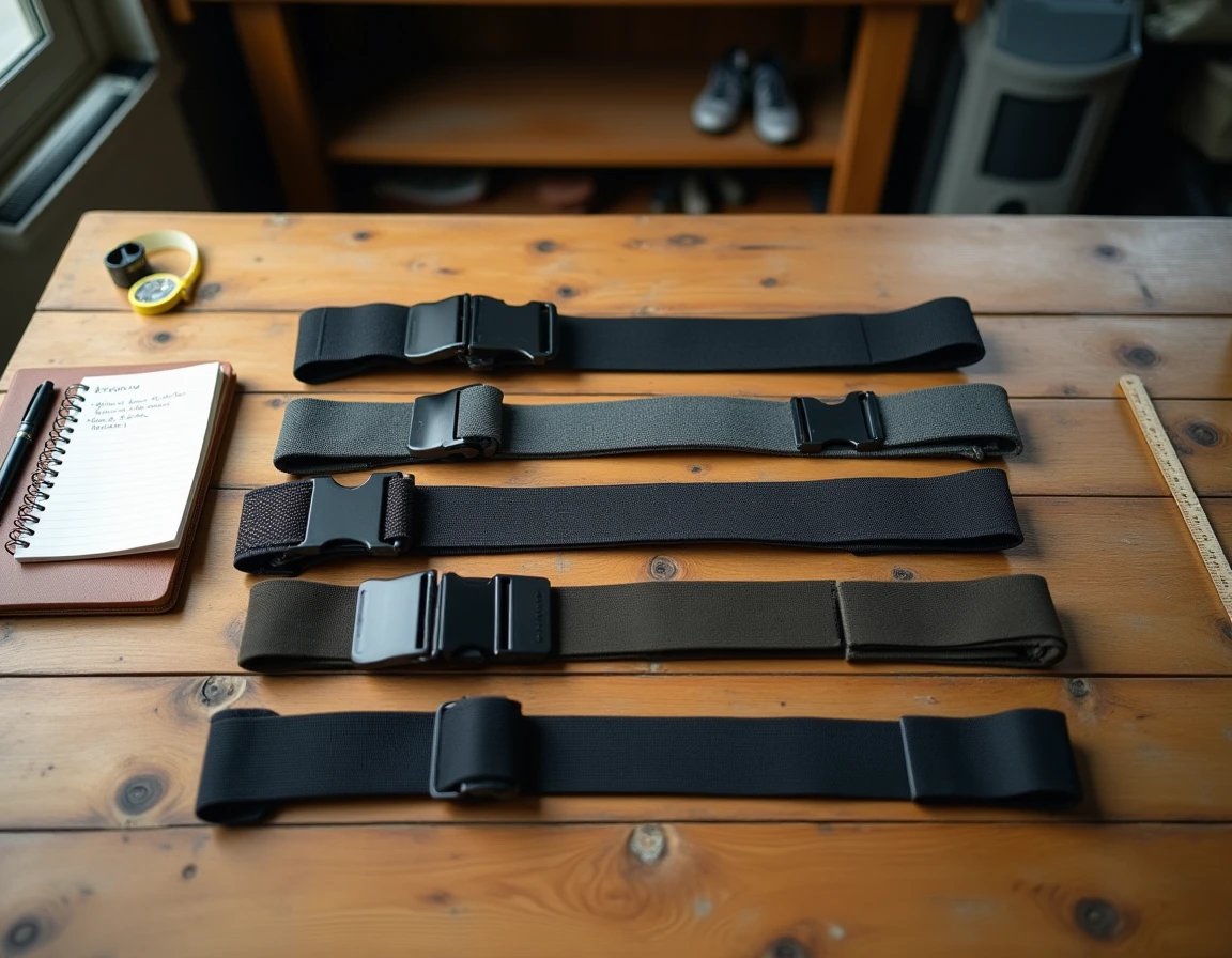 Vue à plat de quatre sangles de banane différentes posées sur une table en bois, comparaison des matériaux et des rembourrages pour choisir la plus confortable