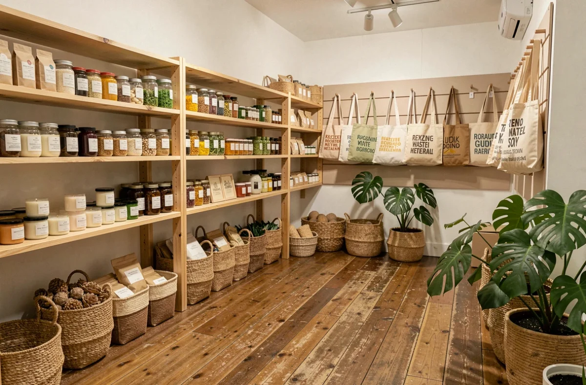 Boutique For Atao, concept store éco-responsable avec des produits zéro déchet, des bougies artisanales et des paniers en jonc de mer dans un espace épuré aux tonalités naturelles.