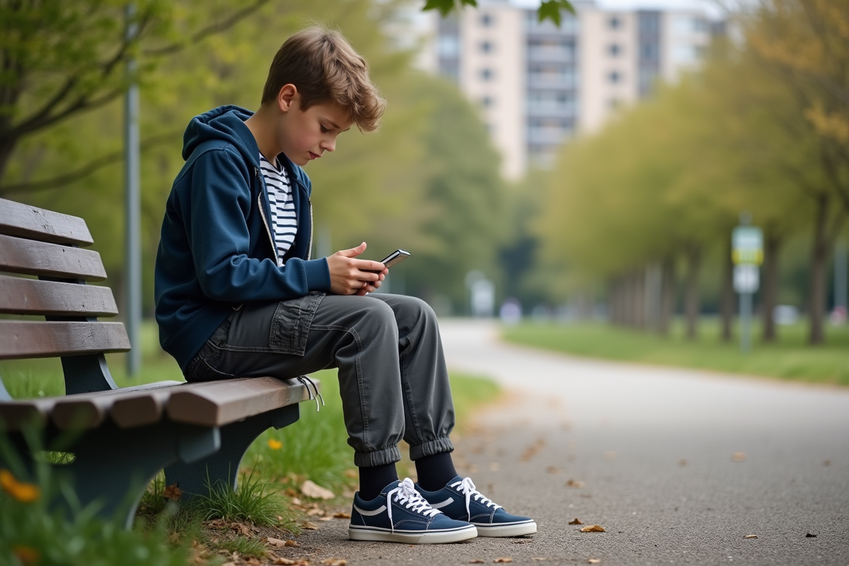 Garçon de 15 ans assis sur un banc dans un parc urbain