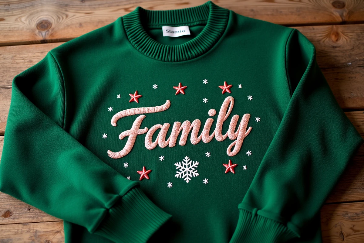 Gros plan sur un pull de Noël vert avec des erreurs de broderie personnalisée, espacement incorrect des lettres et motif flocon mal calé