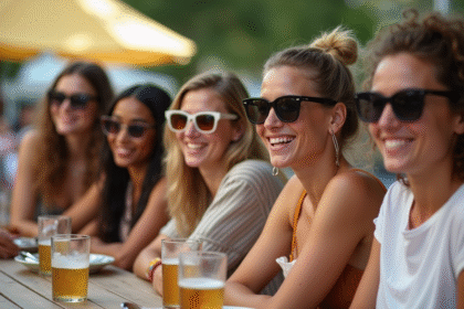 Groupe d'amis souriants portant des lunettes de soleil variées en extérieur