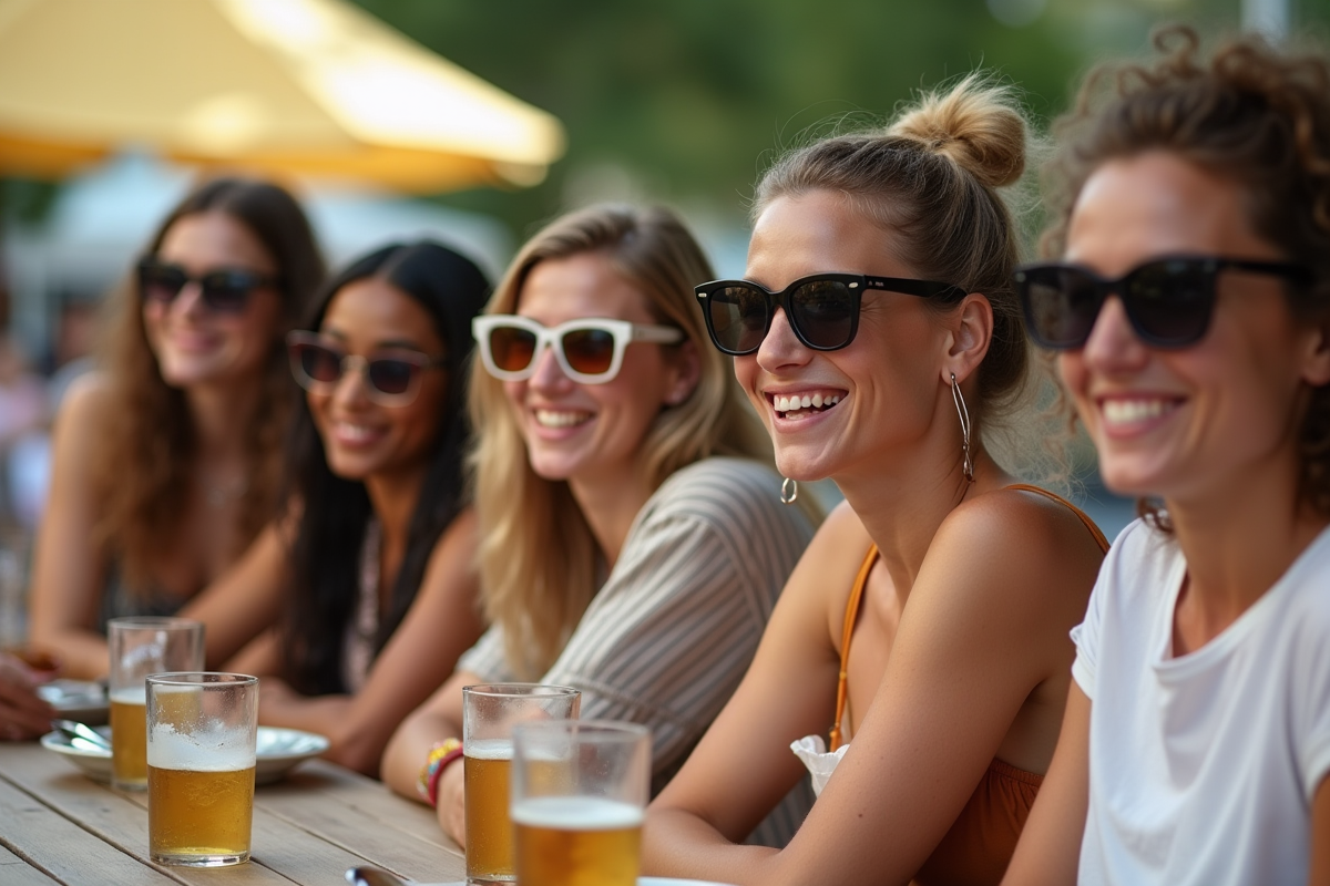 Groupe d'amis souriants portant des lunettes de soleil variées en extérieur