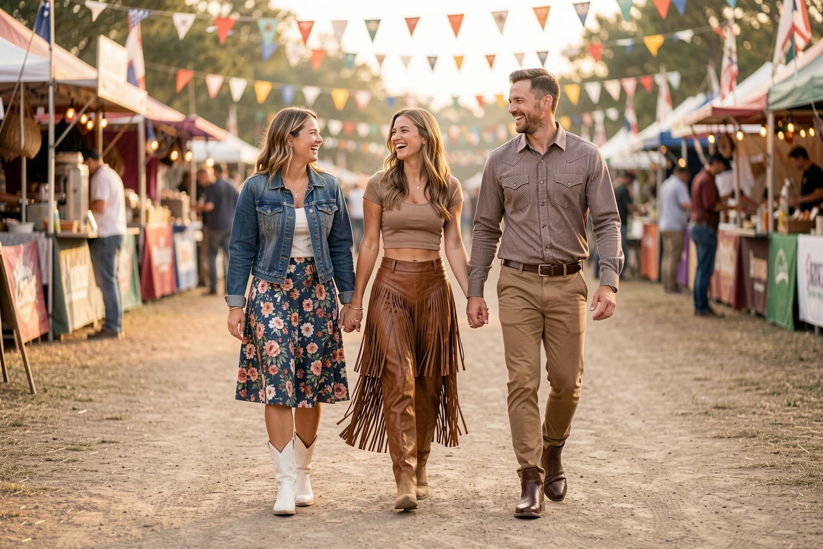 Groupe de trois amis en tenues western coordonnées marchant dans un festival country, avec bottes cowboy blanches, tan et cognac, jupe fleurie et pantalon en cuir à franges