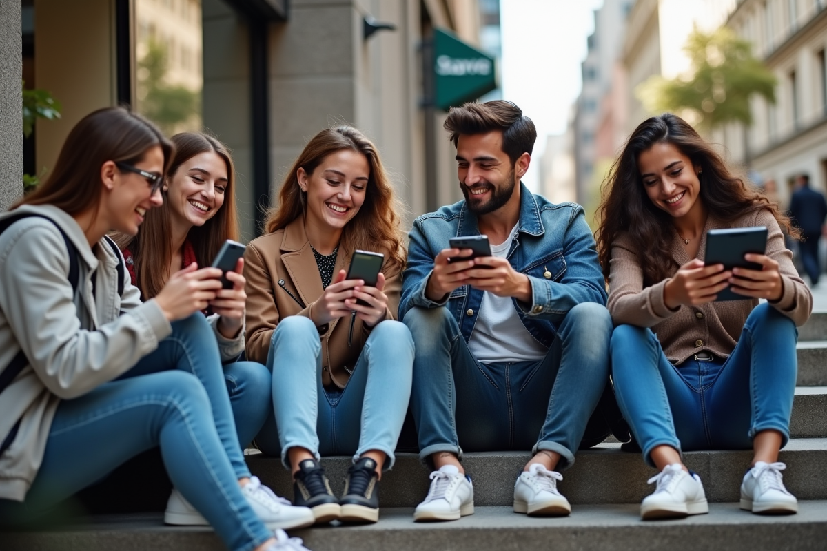 Groupe de jeunes urbains discutant dehors sur des marches