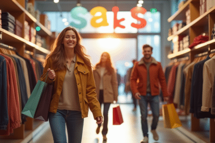 Groupe de personnes souriantes faisant du shopping lors d'une vente 2025