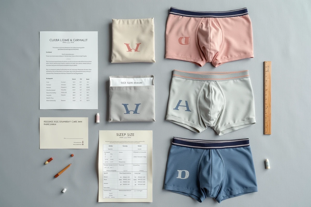 Vue du dessus de boxers personnalisés en différentes tailles avec guide des tailles, fiche de retour et initiales brodées sur tissu coton