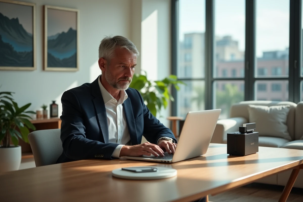 Homme d affaires en costume consulte un laptop dans un salon moderne