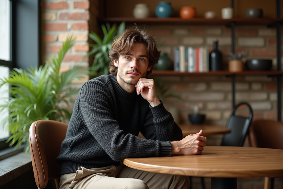 Homme en pull texturé dans un cafe boutique lumineux