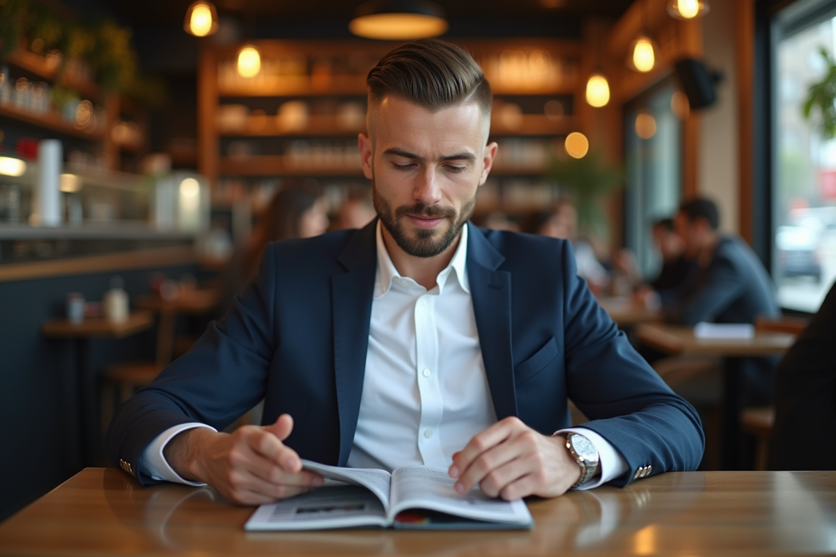 Homme en chemise blanche dans un café moderne