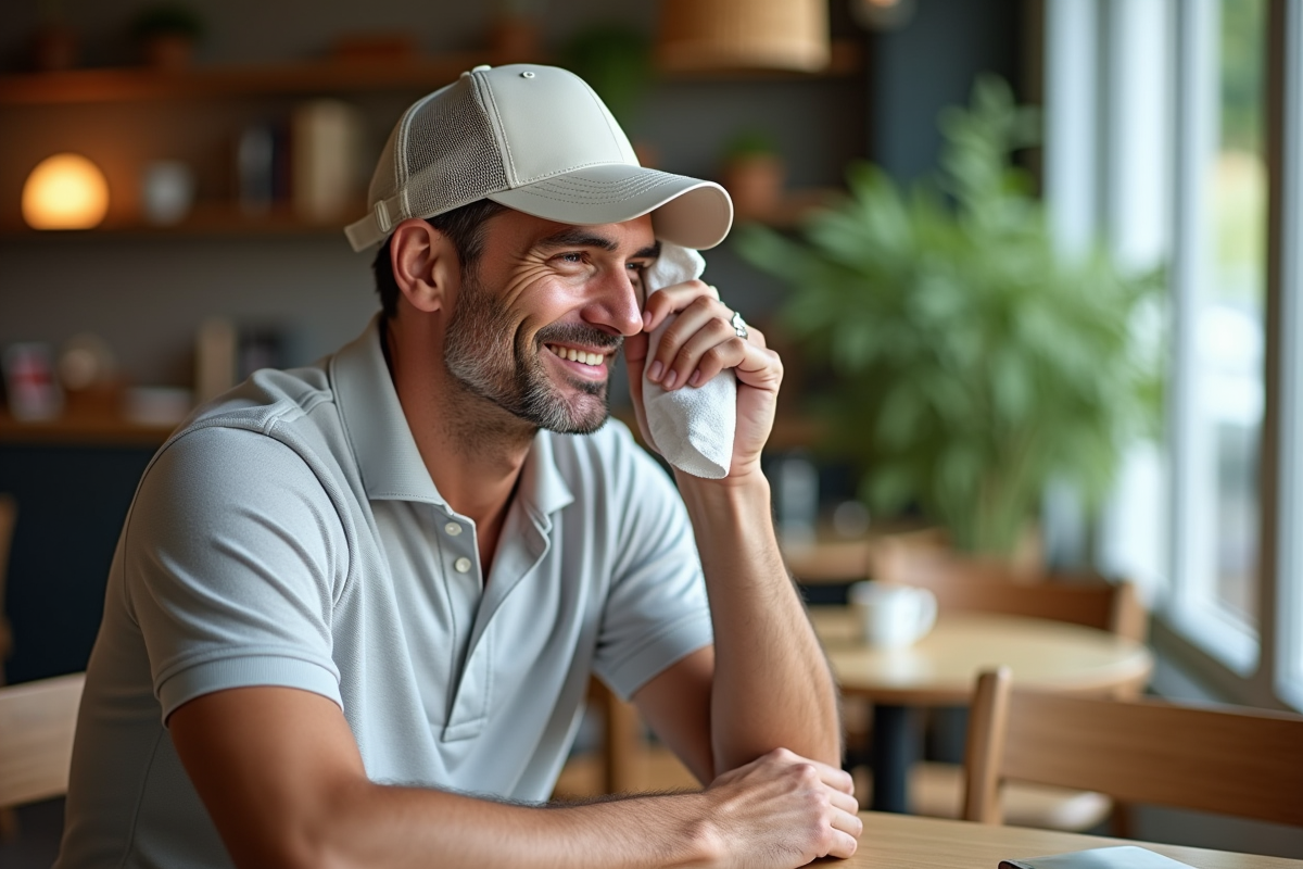 Homme d age moyen souriant dans un cafe lumineux