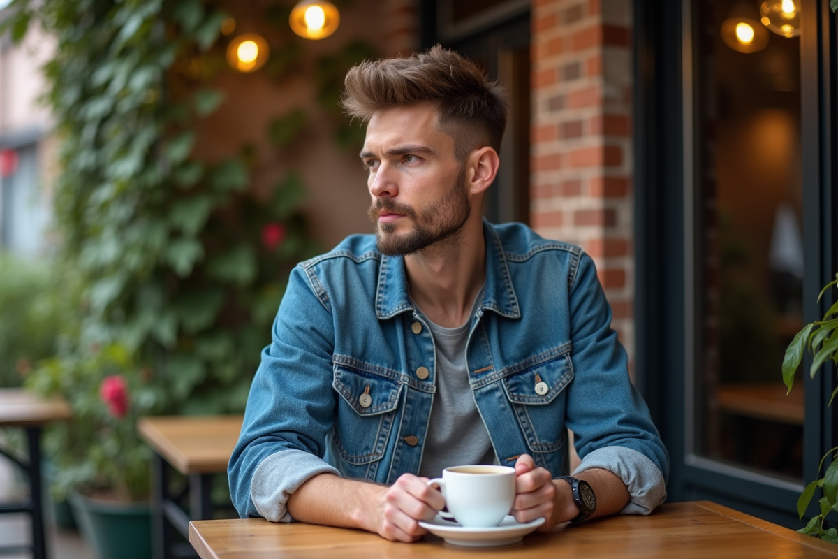 Jeune homme pensif avec barbe dans un café extérieur