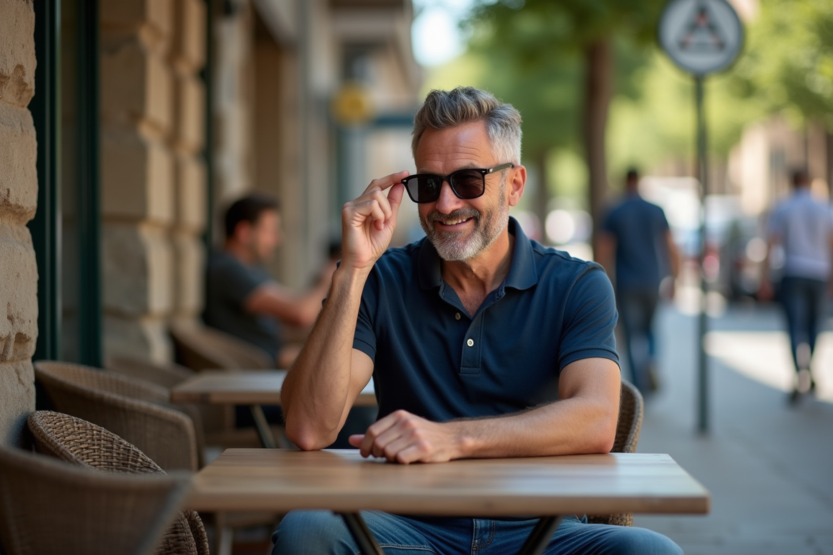 Homme au café regardant ses lunettes de soleil en extérieur