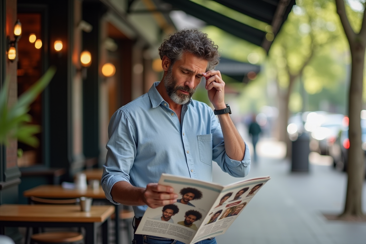 Homme d age moyen lisant un magazine en terrasse de café