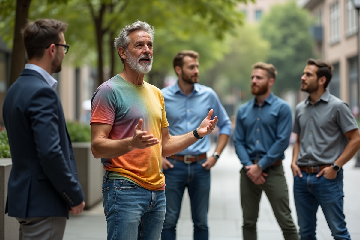 Homme en t-shirt graphique parlant avec collègues en ville