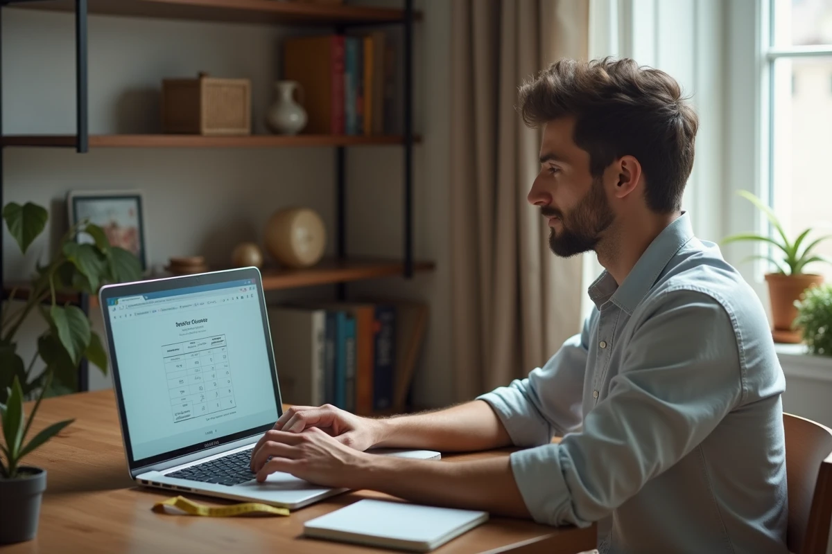Homme utilisant un convertisseur de tailles de vêtements en ligne sur un ordinateur portable
